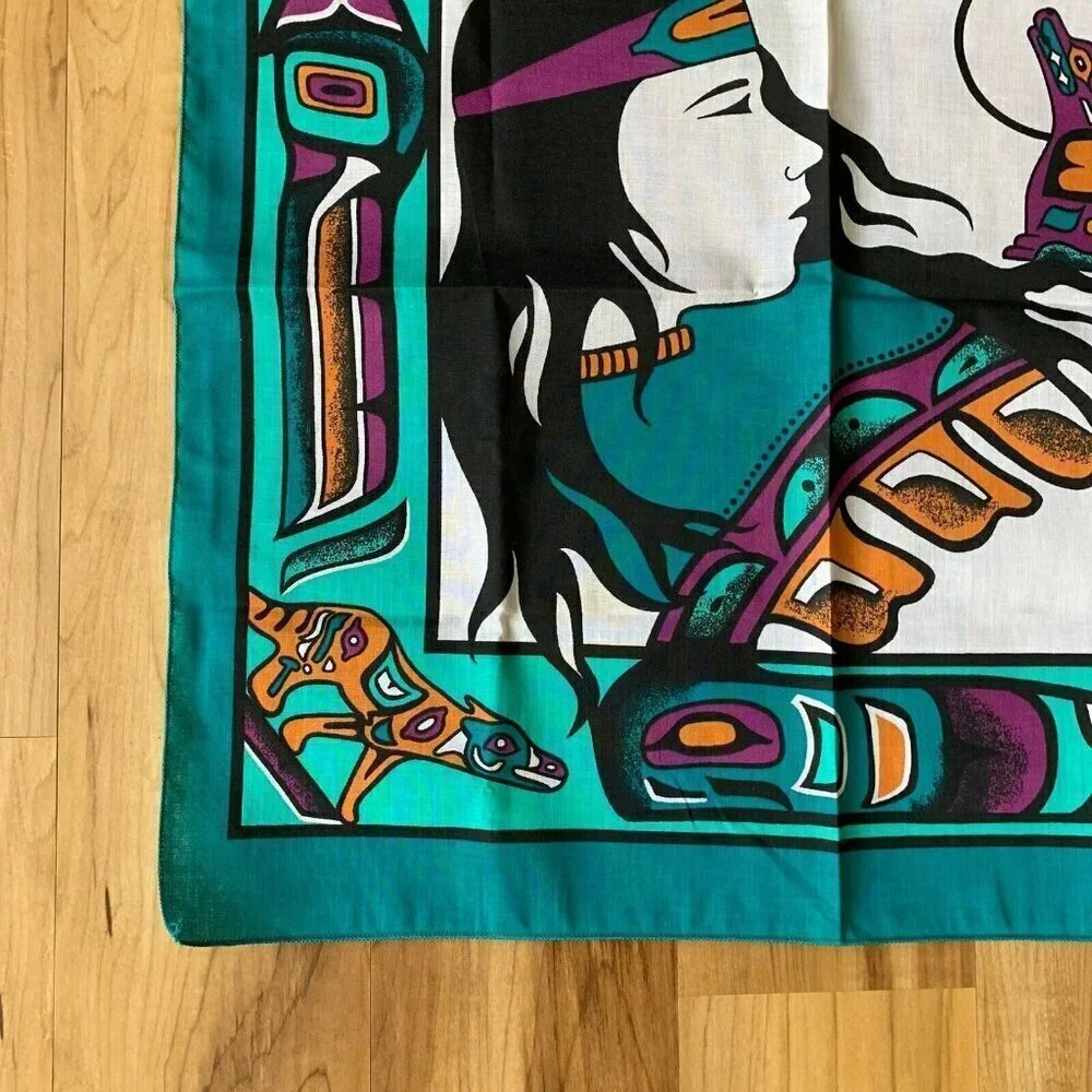 Vintage Aztec Southwestern Cotton Poly Turquoise Handkerchief Bandana USA 21”
